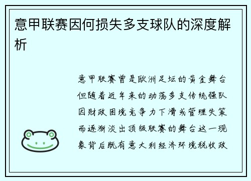 意甲联赛因何损失多支球队的深度解析