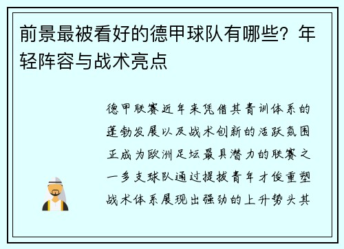 前景最被看好的德甲球队有哪些？年轻阵容与战术亮点